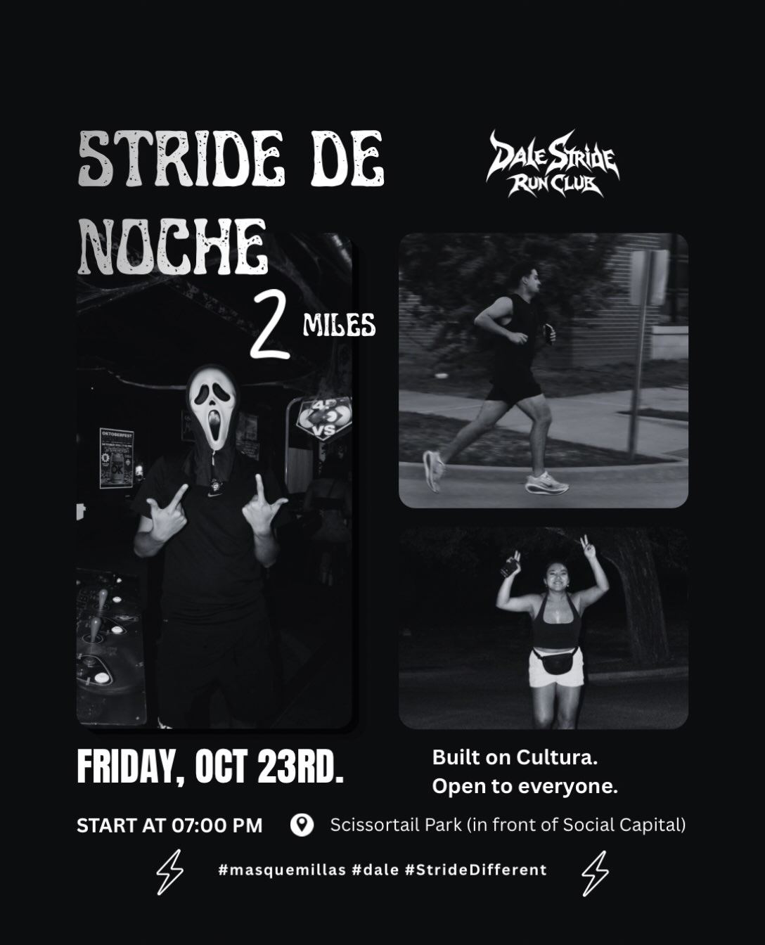 Stride de Noche Pt. 3 official flyer. Friday, October 23, 2026, 7:00 PM · Oklahoma City time (CDT). 2 miles. Scissortail Park, in front of Social Capital.